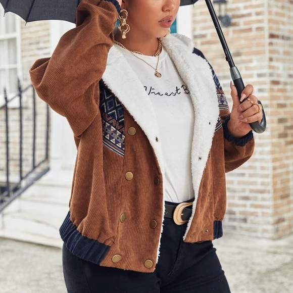 Cozy corduroy Teddy tribal print button jacket - Picture 2 of 5
